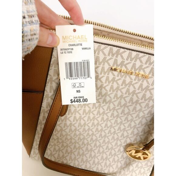 MICHAEL KORS 35T0GCFT3B CHARLOTTE LARGE TOP ZIP SHOULDER TOTE BAG MK SIGNATURE - Picture 5 of 7